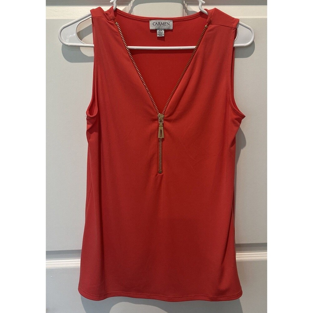 Carmen Sleeveless Zip-Front Shell in Coral Red